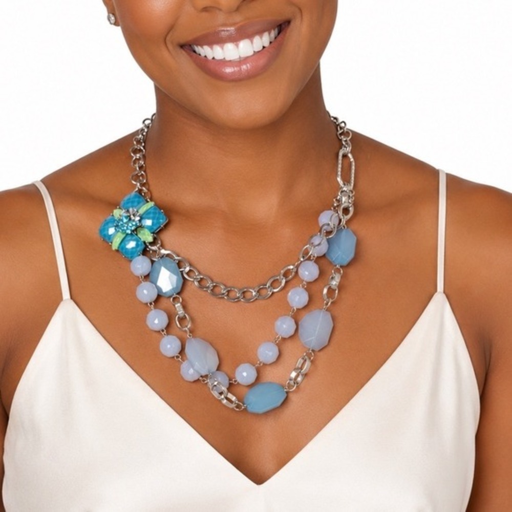 New York & Co Blue Green Multi Strand Beaded Floral Statement Necklace Chic J-01
